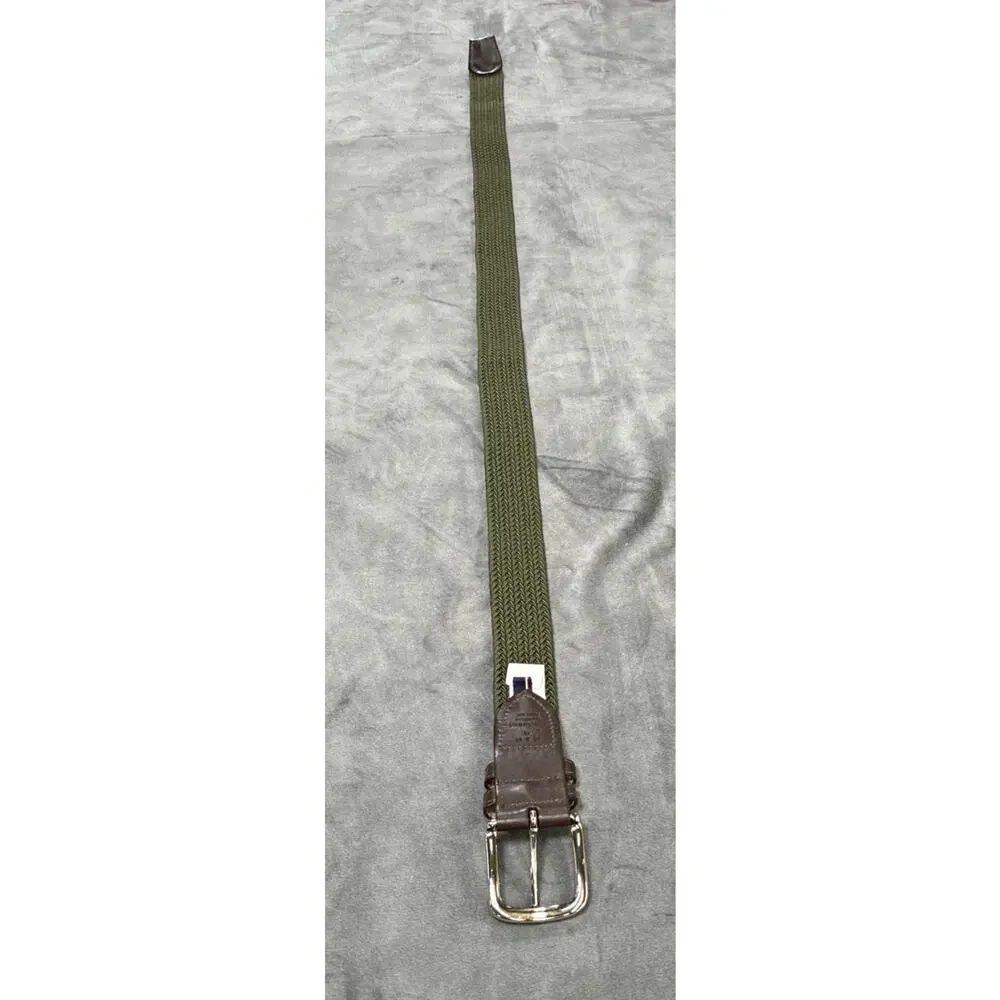 Tommy Hilfiger Web Braided Belt Small Green Stretch Leather Trim Silver Buckle